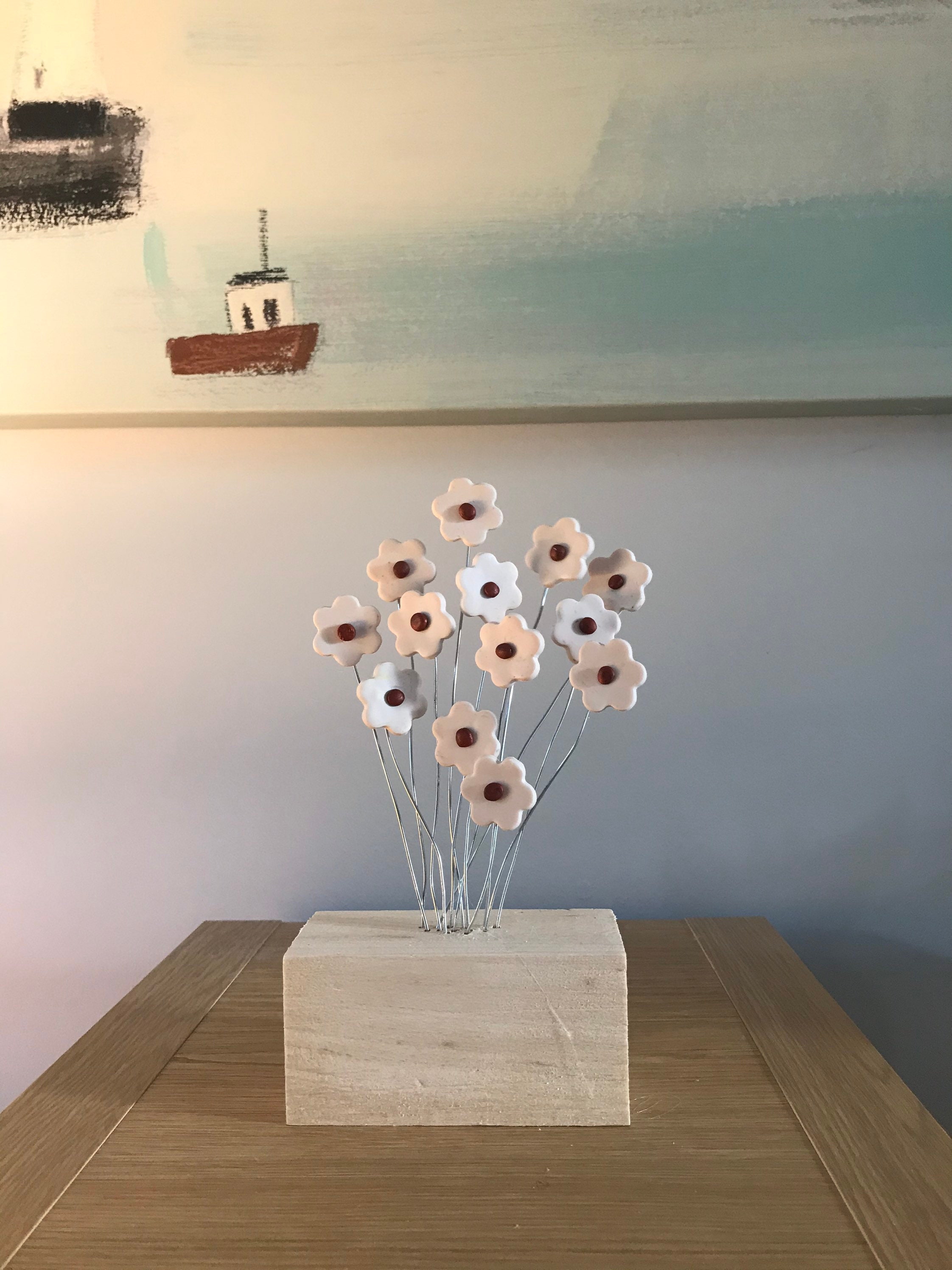 Handmade bunch of flowers with wooden base Etsy