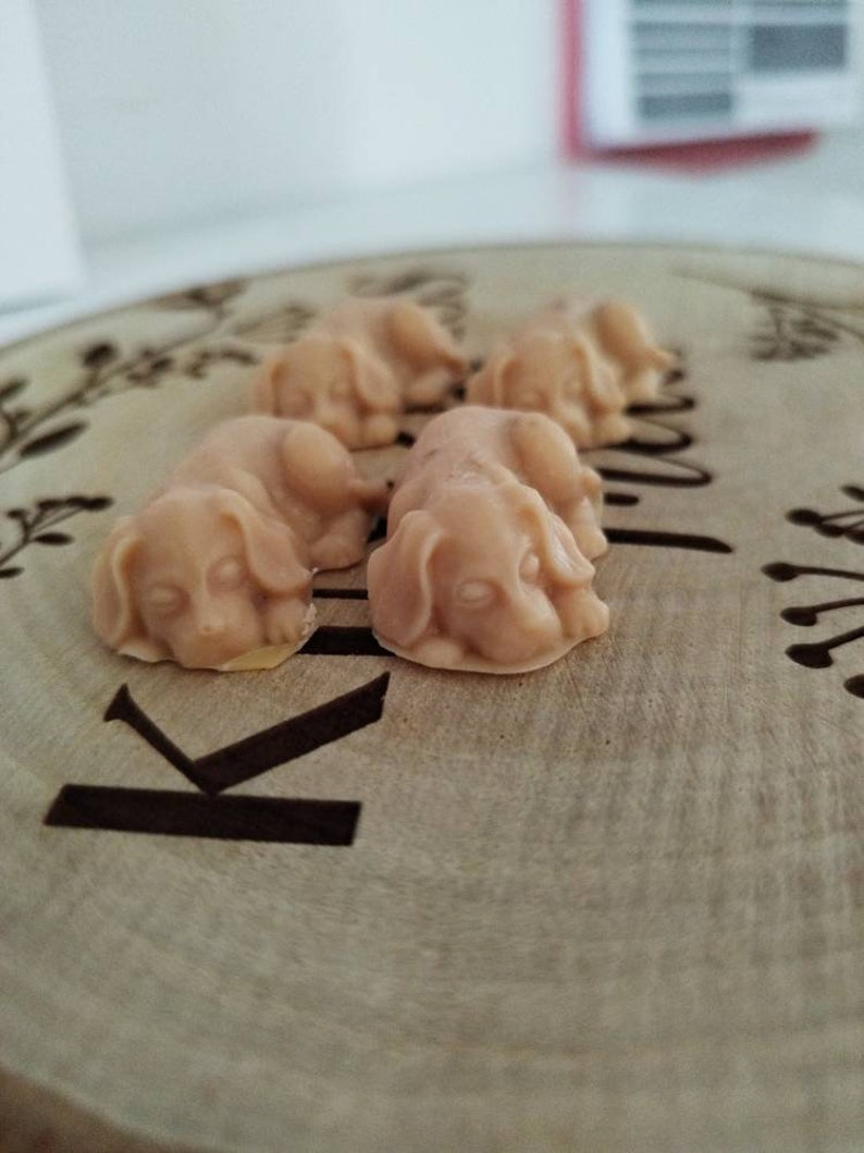 May include: Four small, beige, sleeping puppy-shaped soaps on a wooden surface with the word "Kind" engraved in the wood.