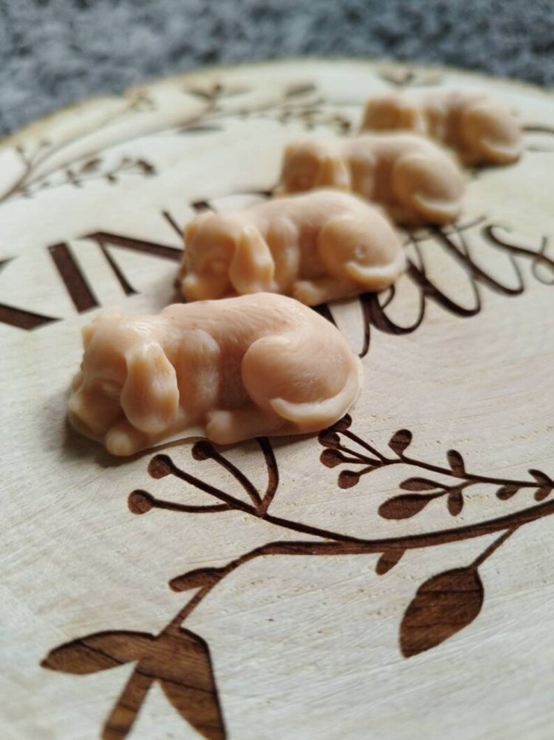 May include: Four small, beige, sleeping dog-shaped soaps on a wooden surface with a carved design.