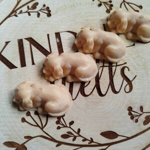 May include: Four small, beige, dog-shaped soaps on a wooden surface with the word "Kindness" engraved on it.