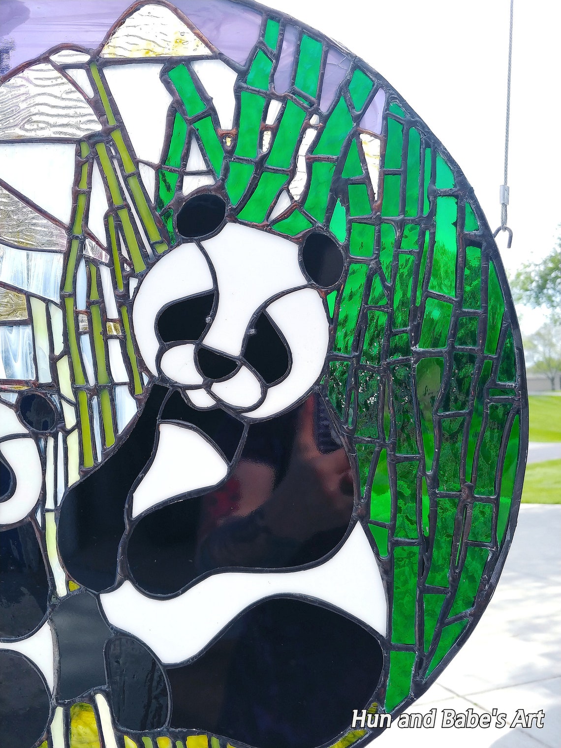Stained Glass Pandas Round stained glass window panel Panda Etsy