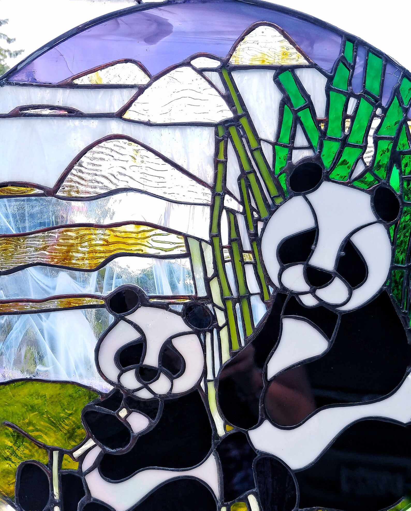 Stained Glass Pandas Round stained glass window panel Panda Etsy