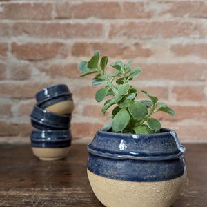 Puede incluir: Una pequeña maceta de cerámica hecha a mano con un diseño de dos tonos. La mitad superior es azul oscuro, mientras que la inferior es de color beige natural. Una planta suculenta verde está plantada en su interior. Varias macetas similares están apiladas.