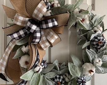 Full Lambs Ear-  Fall White Pumpkin Farmhouse Wreath