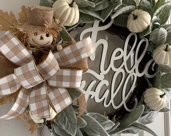 Full Lambs Ear-  Fall White Pumpkin Farmhouse Wreath with Scarecrow embellishment- and Hello Fall Wooden Sign