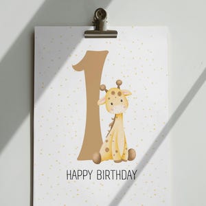 Cartão postal "Feliz Aniversário" Cartão para bebê, 1 ano alt, Girafa, Cartão postal com Spruch, Hochformat, Digital