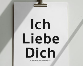 Postkaart "Ich Liebe Dich - bis zum Mond und wieder zurück." Postkaart met Spruch, Hochformat, Digitaal