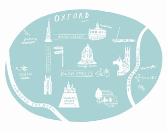 Oxford city custom map print, poster, A4, illustrated, customisable, personalised, local art, handmade gift