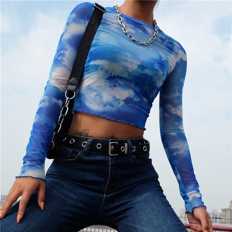 Y2K Cute Blue Cloud Long Sleeve Crop 