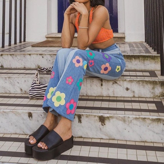 Y2K Patch Embroidery Flore Jeans Sweet 