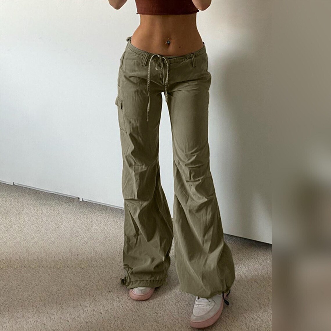 Y2K Green Cargo Pants Tie up Trousers Ruched Trousers Etsy Ireland