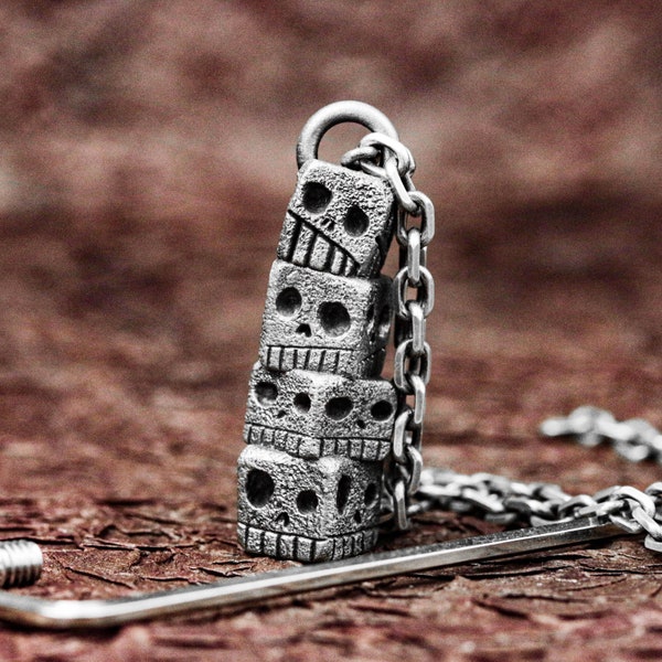 Skull Tower Cult Ashes Urn Pendant, Pet Keepsake, Totem Pole Locket Necklace, Cremation Funeral Casket Jewelry, Men Women, Funny Style