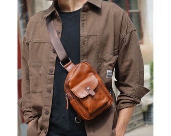 Men Shoulder Bag,Leather Sling Bag,Travel Bag, Leather Crossbody Bag, Men's Chest Bag, Vintage Shoulder Bag, Gift for Him/boyfriend/father