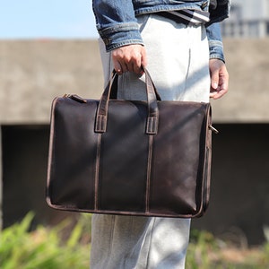 Leather Briefcase, Leather Sling Bag, Cowhide Crossbody Bag, Portfolio Bag with Handle, Shoulder Bag Laptop, Gift for Graduation/Business