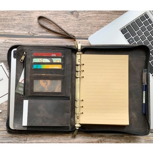 Leather Padfolio Personalized for Him/her Leather Portfolio Zipper A4  Documents for Office/meetings/interviews, Graduation/christmas GIFT. 