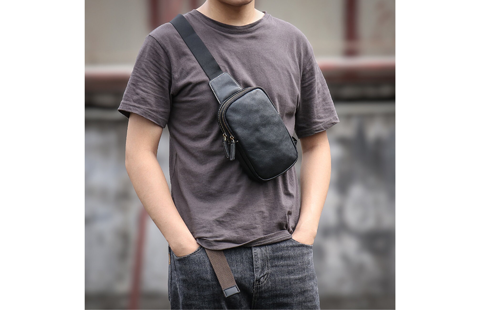 Unisex Leather Chest Bag Large Capacity Sling Bag Mens Leather