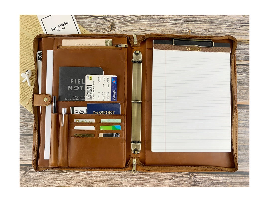 Handmade Leather Portfolio for Men, 3 Ring Binder Leather Padfolio
