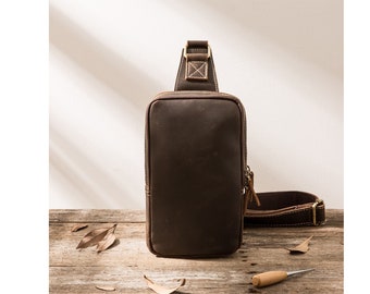Personalized Leather Crossbody Bag, Men's Retro Shoulder Bag Sling Bag, Vintage Leather Sling Bag for Travel, Christmas Gift, Wedding Gift
