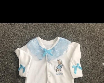 Personalised Embroidered Baby sleepsuit set -Peter Rabit-Prams-Cot-Named-logo-Boy-Girl-Gift
