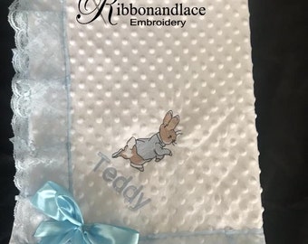Personalised Embroidered Baby Blanket-Peter Rabit- Duck-Prams-Cot-Named-logo-Boy-Girl-Gift