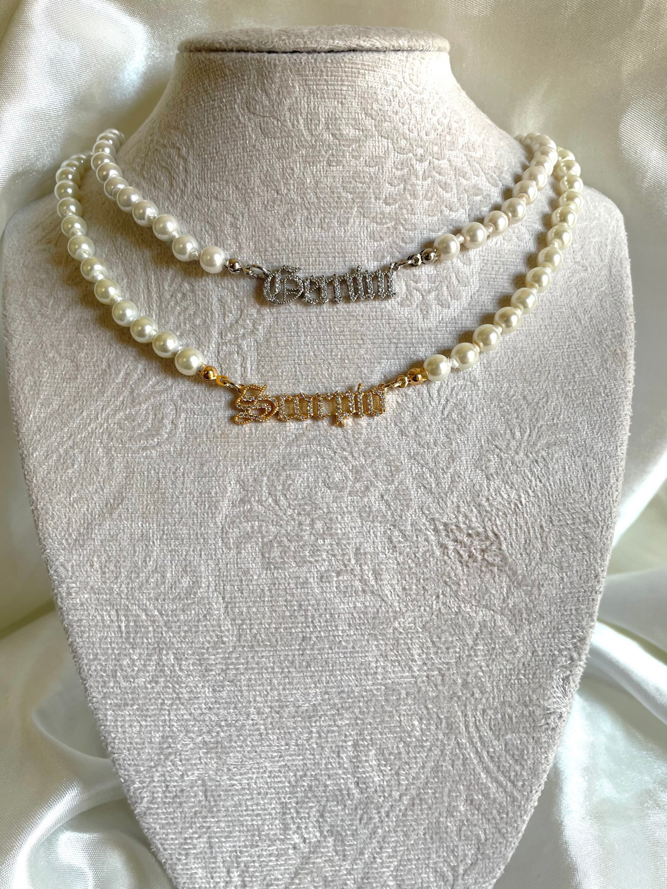 Gold Pearl Necklace Old English Zodiac 