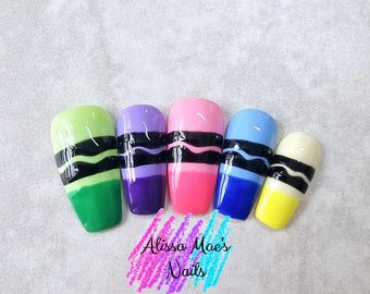 Back to School Press on Nails, Crayon Nails, Teacher nails, Student nails, Crayola nails