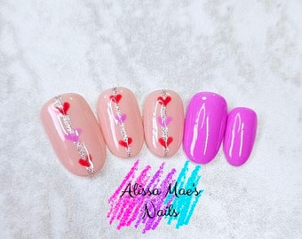 Valentines day Press on nails, Heart nails, Pink Heart nails, Press on nails