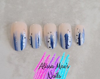 Blue Press on nails, Polka Dot Nails, Striped nails, Multi Colored Nails, Press on Nails, Fake nail, Summer Nails, Ocean Colored Nails