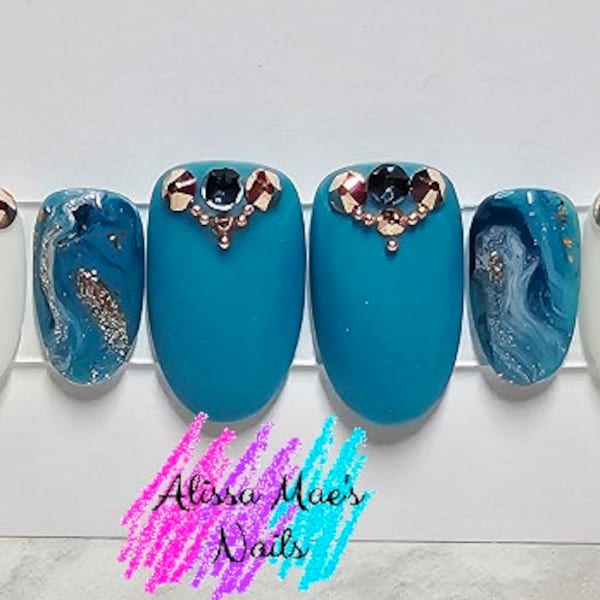 Gemstone nails, Turquoise nails, Jeweled nails, Stone nails, Press on nails