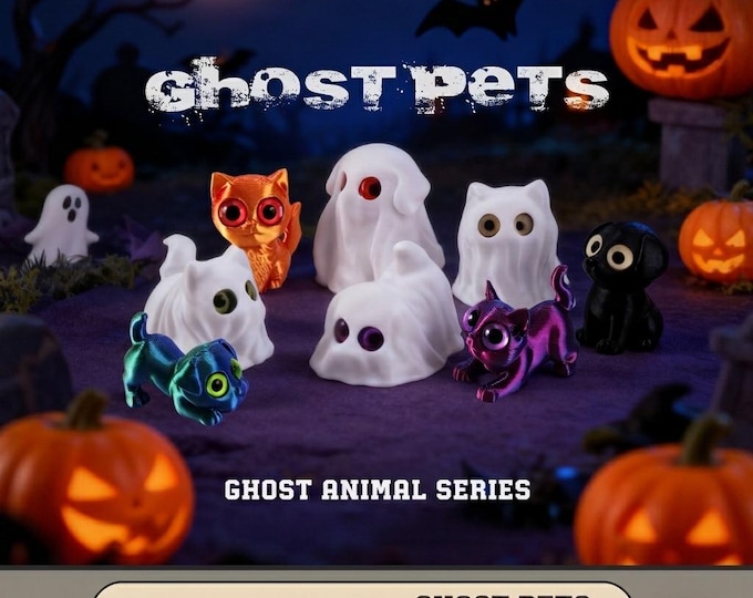 Featured listing image: 3D Printed Articulated Ghost Pets, Halloween Ghost Dog Cat Figure, Mystery Ghost Animal,Fidget Toy Desk Pet,Spooky Cute Halloween Decor Gift