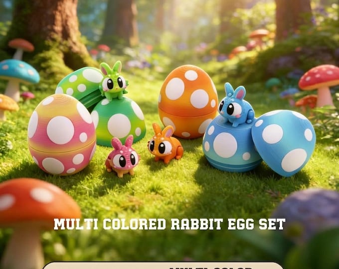 Featured listing image: 3D Printed Articulated Bunny with Easter Egg Set, Spring Rabbit Surprise Egg, Pastel Fidget Toy, Desk Pet, Easter Basket Stuffer Kids Gift