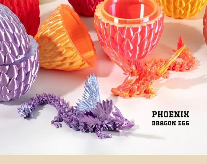 Featured listing image: 3D Printed Phoenix Dragon with Crystal Egg Set, Articulated Fire Dragon Toy, Silk Magic Dragon, Mythical Pet, Fantasy Gift for Dragon Lover