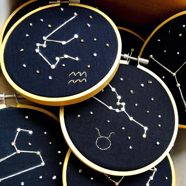 Zodiac Constellations 4 inch Finished Embroidery Hoop, Astrology Birthday Gift