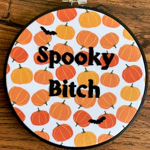 Spooky Bitch 17,8 cm fertiger Stickrahmen, Halloween-Dekor, Rude Stickerei