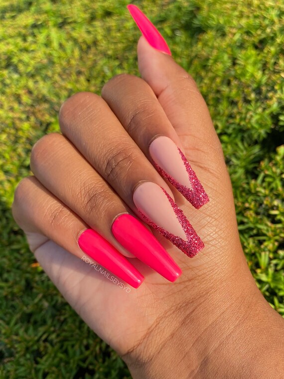 Nina Set Glitter Pink Press On Nails V French Nails Etsy Singapore