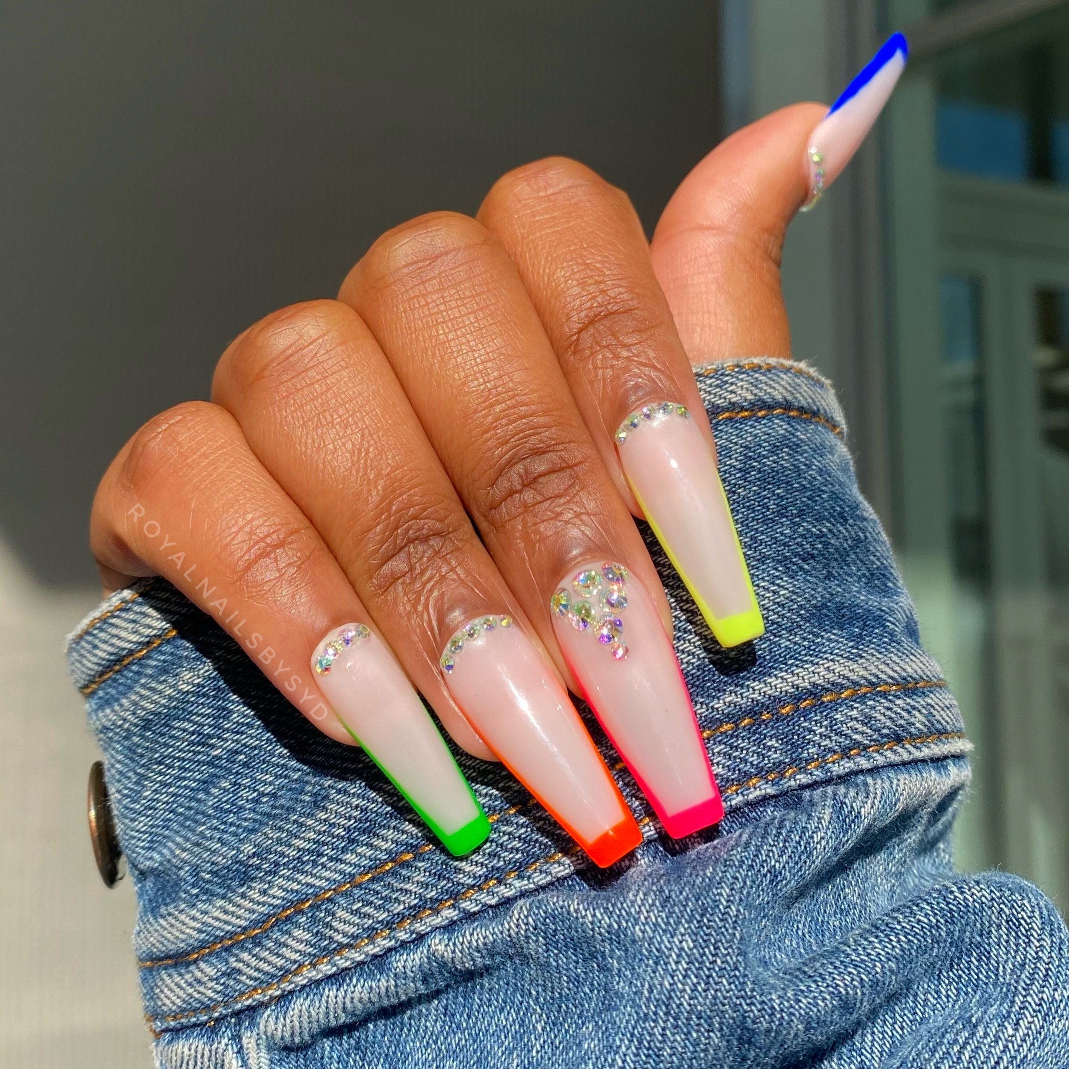 BMO Set Neon Bling Press on Nails Rainbow French Tips - Etsy Norway