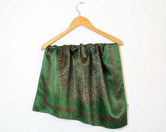Prova 1950's vintage ladies large scarf acetate satin - green, navy blue and brown pattern