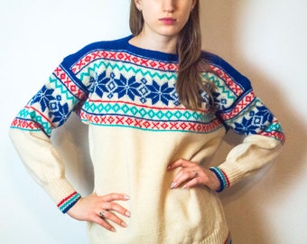 handgemachter Vintage-Pullover in Creme und Blau / Woll-Nordic-Pullover aus den 80er-90er Jahren / Retro-Pullover / Größe M-L