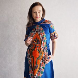 sukienka vintage boho / kolorowa sukienka z lat 70-tych / kolorowa sukienka hippie / sukienka z nadrukiem retro / rozmiar S