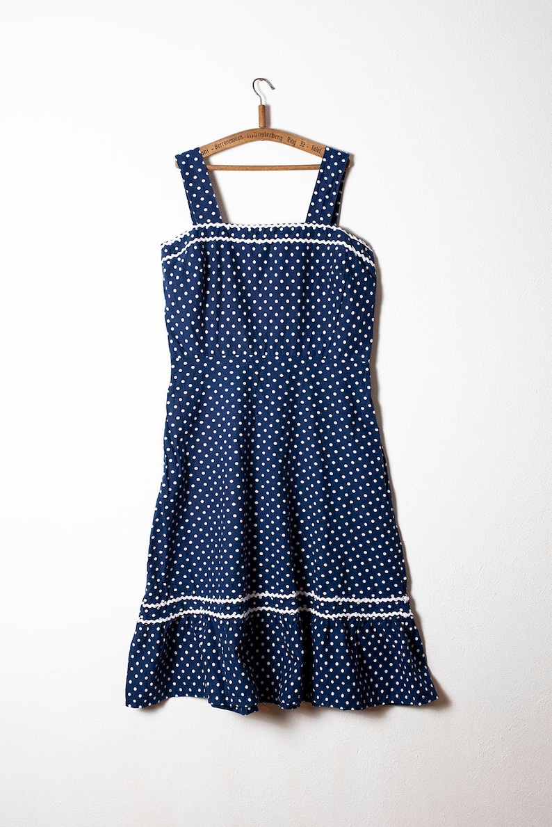80s navy blue polka dot dress from oslo retro strappy dress made in norway zipper dress casual summer wide country dress size 40-42
