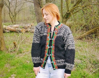 Cardigan vintage degli anni 80-90 / maglione folcloristico nordico / maglione di lana norvegese / pullover Folk Norvegia / taglia M-L / oversize
