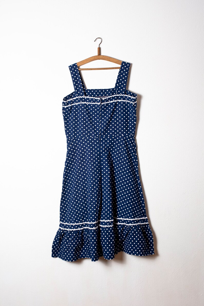 80s navy blue polka dot dress from oslo retro strappy dress made in norway zipper dress casual summer wide country dress size 40-42