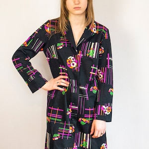 vintage black long dress / floral button down dress / retro 80s dress with long sleeves /  80s neon dress / size L-XL