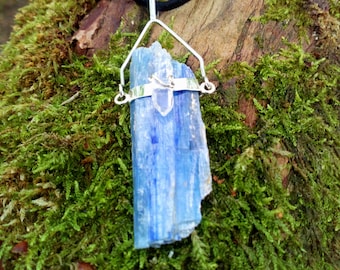 Raw Blue Kyanite with Clear Quartz Pendant, Throat Chakra