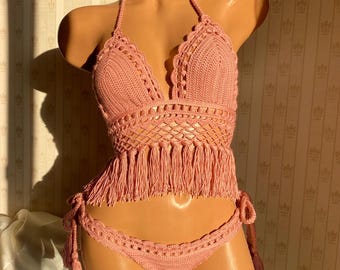 Handmade Crochet Bikini Set - Halter Top & Bottoms - Festival Swimwear