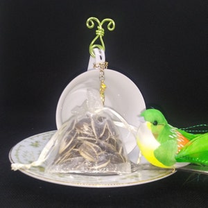 May include: A white teacup and saucer set with a decorative green and gold floral pattern. A small bag of sunflower seeds hangs from the cup, and a green and yellow decorative bird sits on the saucer. The cup is suspended by a green wire hook.