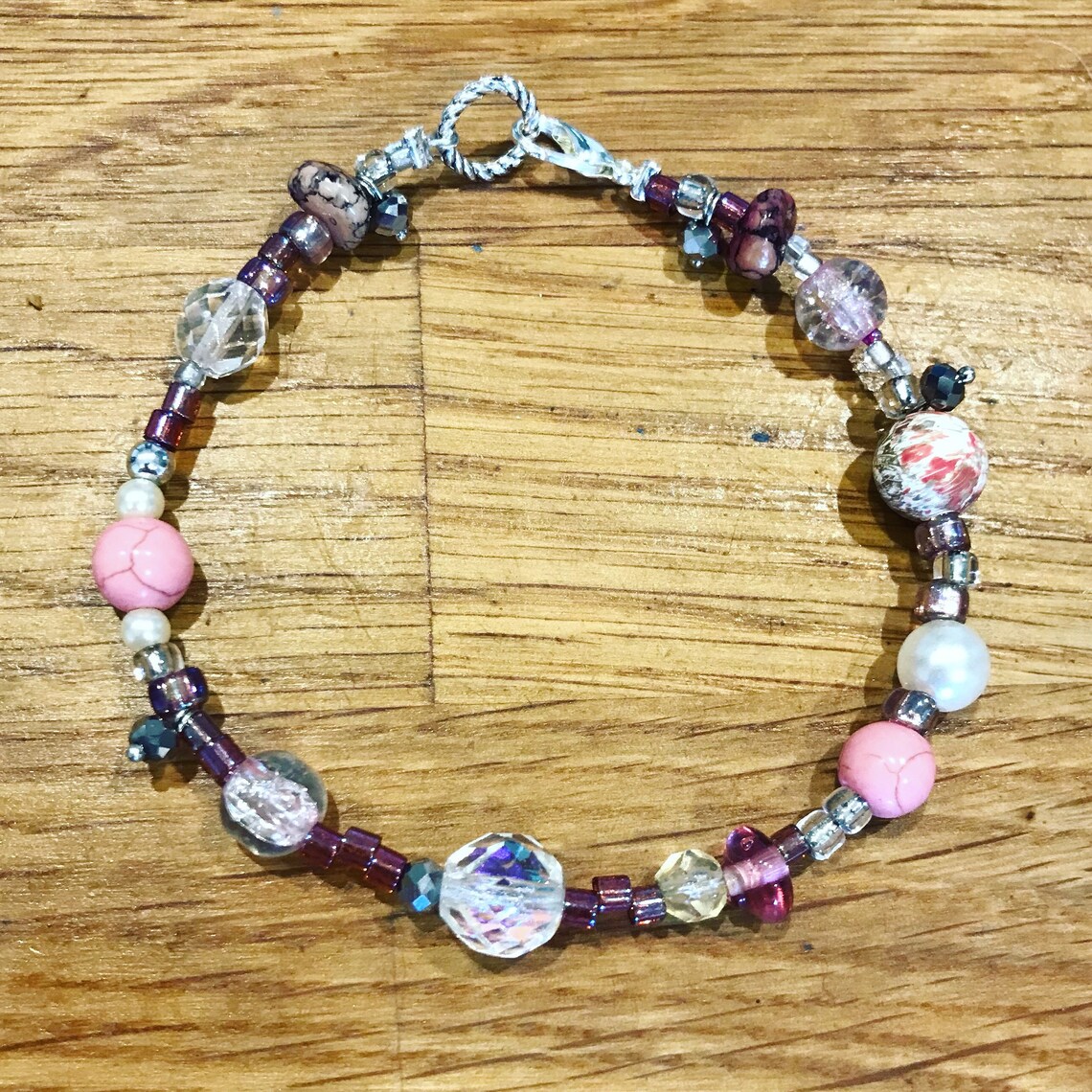 Handmade pink glass bead bracelet Etsy