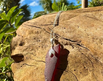 Sterling Silver Red Sea Glass Necklace: Whale Tail Mermaid Bail