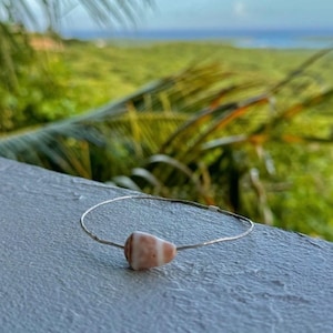 May include: A thin, silver-toned metal wire bracelet featuring a single, small, smooth, cone-shaped seashell as a central focal point. The shell displays natural horizontal bands of light tan and white, creating a simple, delicate jewelry piece.