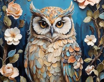 Puede incluir: Una pintura detallada de un búho posado en una rama con delicadas flores en tonos blancos, melocotón y rosa. El búho tiene plumas intrincadas en tonos marrones, azules y naranjas.